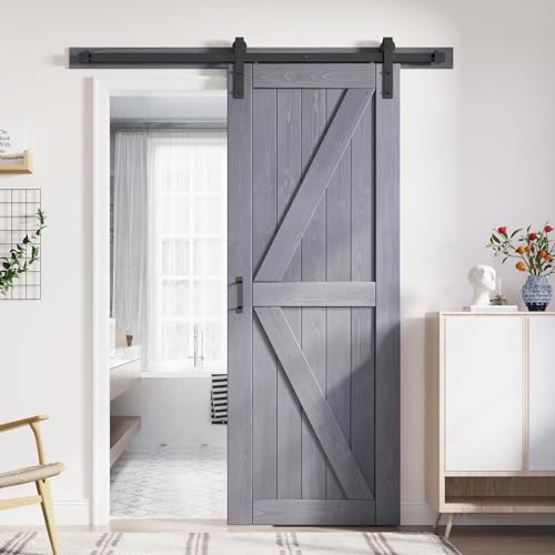 FREDBECK 32in x 84in Gray Wood Barn Door Slab with 5.5ft (66inch) Barn Door Hardware Track Kit and Handle Floor Guide Included, Double Surfaces,Simple Assembly is Required,K-Frame,Grey