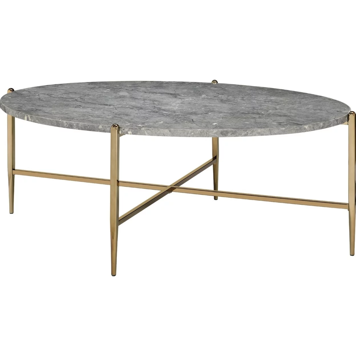 Coffee Table with Oval Marble Top and X Shaped Support, Gray and Gold- Saltoro Sherpi