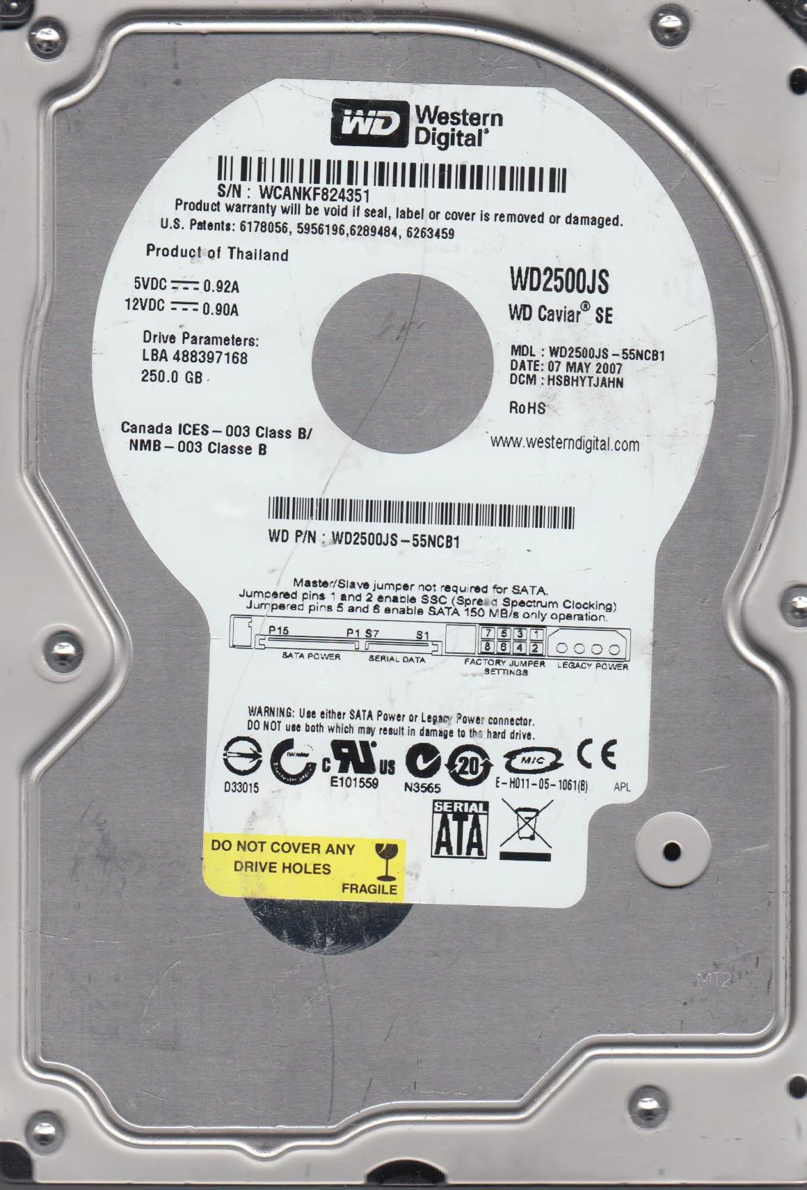 WD2500JS-55NCB1, DCM HSBHYTJAHN, Western Digital 250GB SATA 3.5 Hard Drive