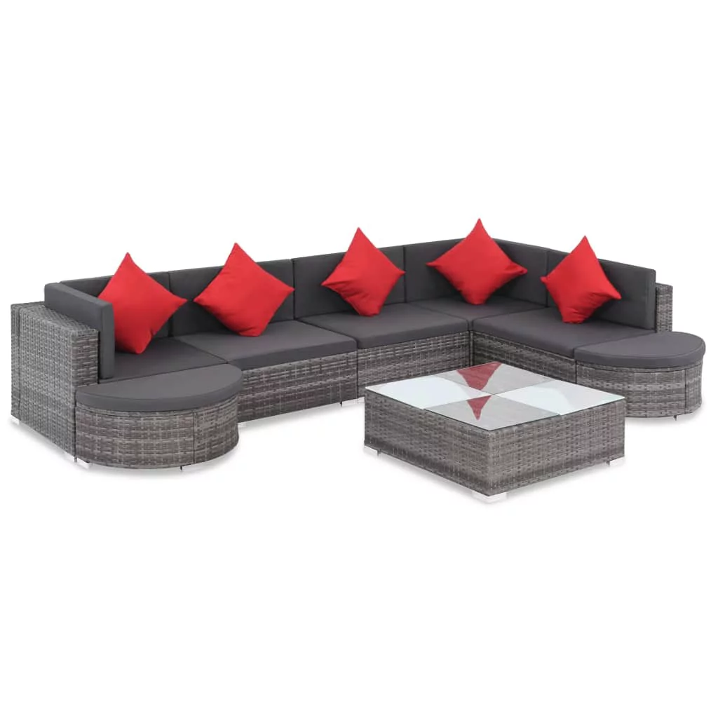 Anself 8 Piece Garden Conversation Set Cushioned 2 Corner with 3 Center Sofa, 2 Half-Round Stool, Coffee Table Gray Poly Rattan Sectional Outdoor Furniture Set for Backyard, Patio, Pool, Balcony