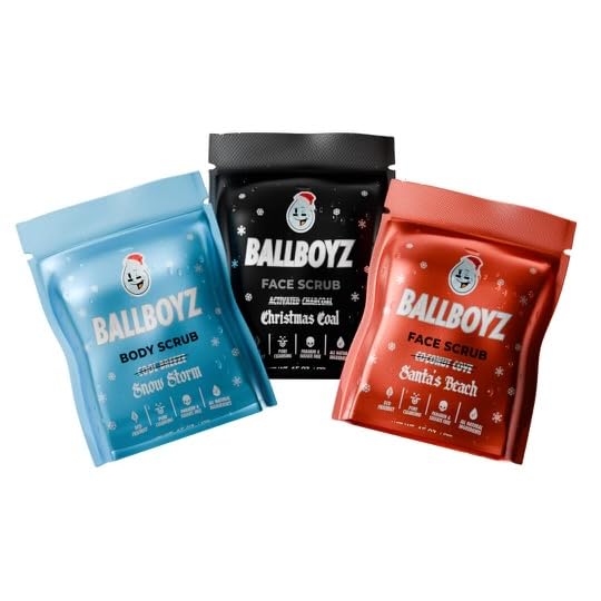 Ballboyz Christmas Face and Body Scrub Kit: Natural and Powerful Cleansing for Athletes - Variety 3 Pack (Snow Storm, Santa's Beach, Christmas Coal)
