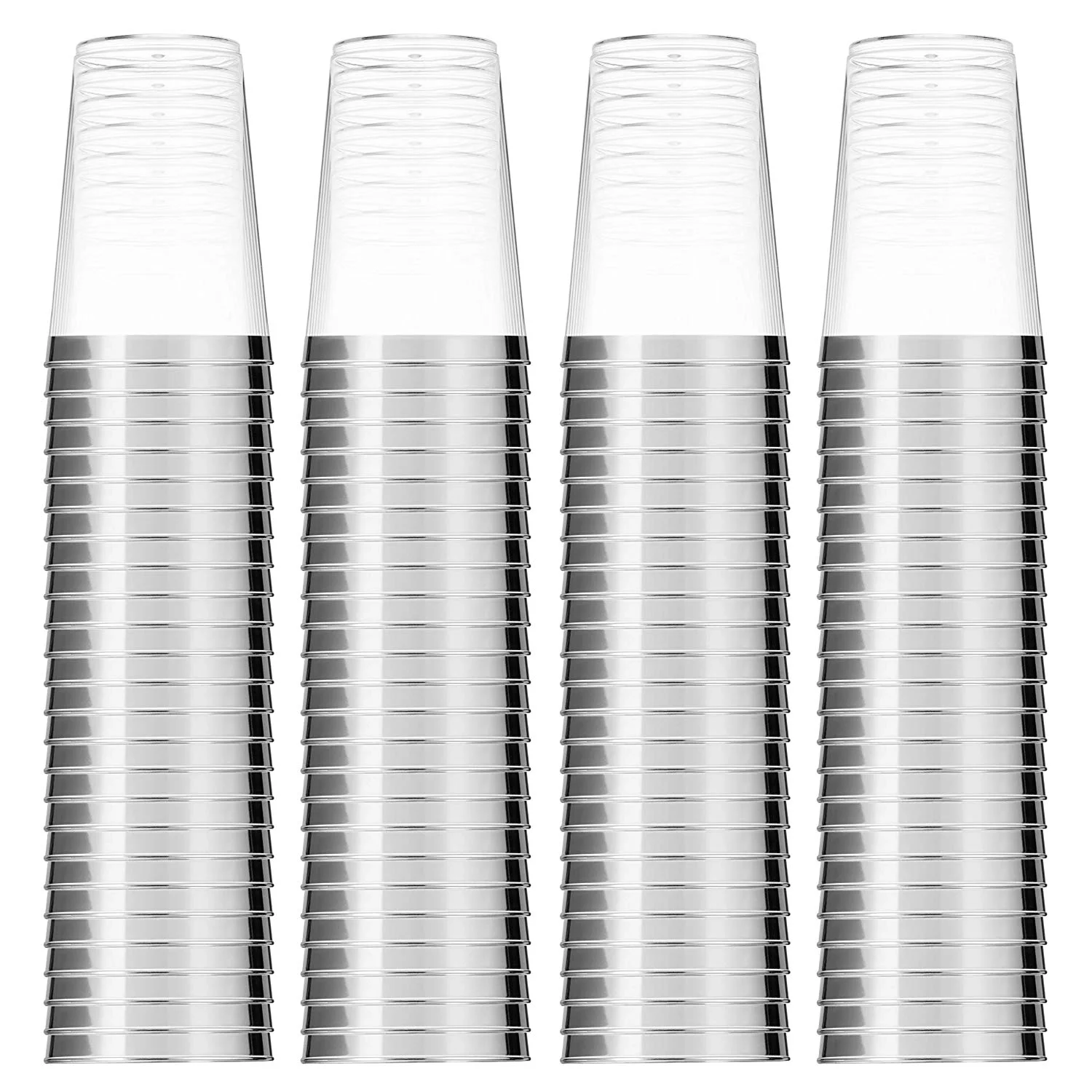 100 Silver Plastic Cups 10 Oz Clear Plastic Cups Tumblers Silver Rimmed Cups Fancy Disposable Wedding Cups Elegant Party Cups with Silver Rim
