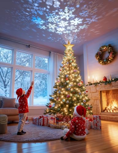 DG-Direct Christmas Tree Topper Lighted Star with 6 Projected Patterns,3D Hollow Sparkling Star Christmas Tree Topper with Rotating Magic Projector for Christmas Tree Ornament