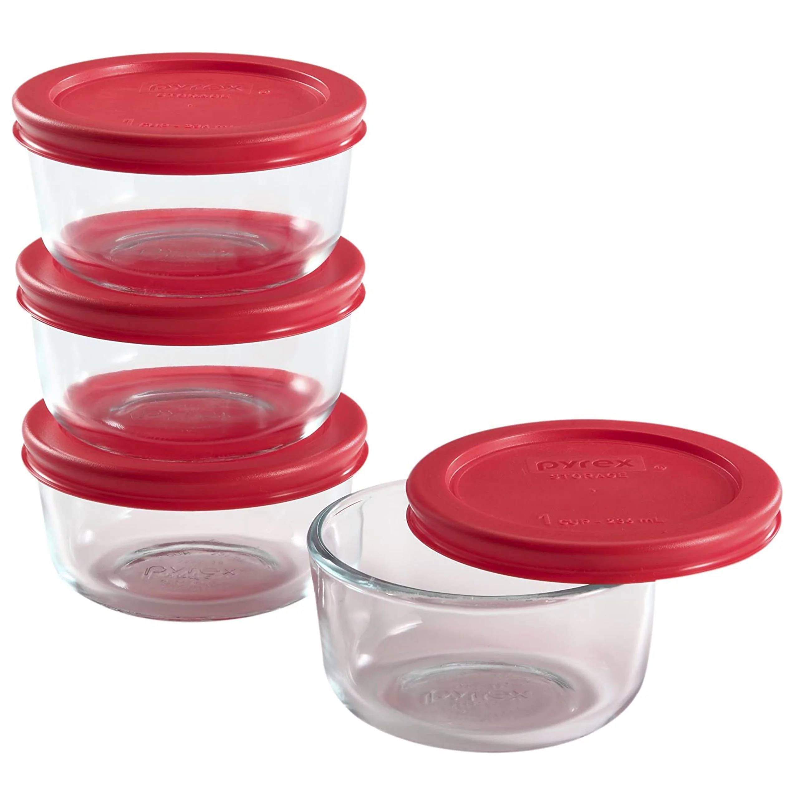 Pyrex 7202 1-Cup Clear Round Glass Food Storage Bowl and 7202-PC Red Plastic Lid (4-Pack)