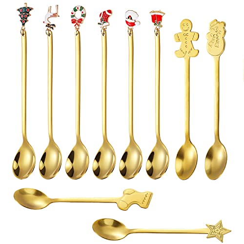 10 Pieces Christmas Stirring Spoons Stainless Steel Coffee Dessert Teaspoons Christmas Tableware Spoons for Xmas Party Table Decorations