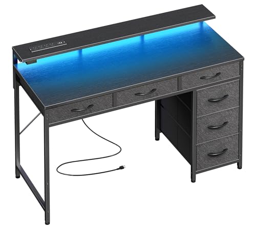 Huuger Gaming Desk with 6 Drawers, Computer Desk with LED Lights Power Outlets and Type-C, 47 Inch Office Desk with Storage, Monitor Stand, Writing Desk Work Desk Home Office, Bedroom, Study, Black