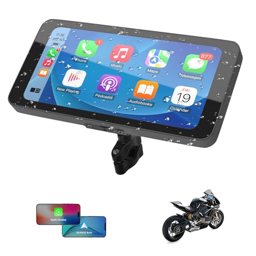 Motorcycle CarPlay & Android Auto, 6.5 Inch Wireless Carplay Screen with GPS Navigation, IP67 Waterproof Touchscreen, Bluetooth, Portable Screen for Motorbike, Dual Bluetooth, Siri, Google Assistant