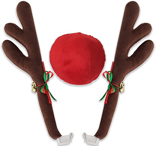 OxGord Reindeer Antlers & Nose - Christmas Decorations for Window Roof-Top & Grille Rudolph Reindeer Kit - Auto Holiday Exterior Accessories Kit Best for Car SUV Van Truck