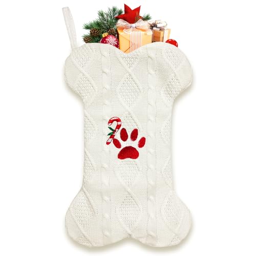 Dog Christmas Stocking, 18’’ Knit White Stockings with Paw-Print Embroidery for Dogs and Cats, Large Bone-Shaped Stockings for Pet Christmas Decor