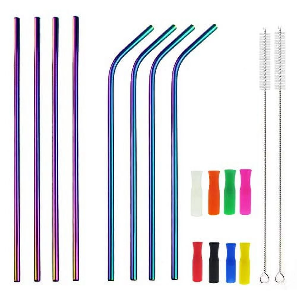 12 Inch Colorful Stainless Steel Straws, 8pcs Ultra Long Reusable Rainbow Color Metal Drinking Straws with Silicone Tips and Cleaning Brush for Big Tumblers