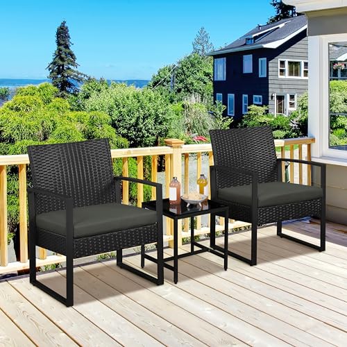 Yaheetech 3 Pieces Rattan Bistro Set, Indoor/Outdoor Wicker Patio Modern Conversation Furniture, 2 Chairs & Tempered Glass Coffee Table for Garden, Balcony, Backyard, Poolside, Black/Gray