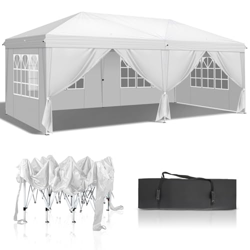 VINGLI 10'x20' Ez Pop Up Canopy Tent with 6 Removable Sidewalls Panels,Folding Instant Wedding Party Outdoor Commercial Event Gazebo Pavilion W/ Portable Rolling Carrying Bag,White