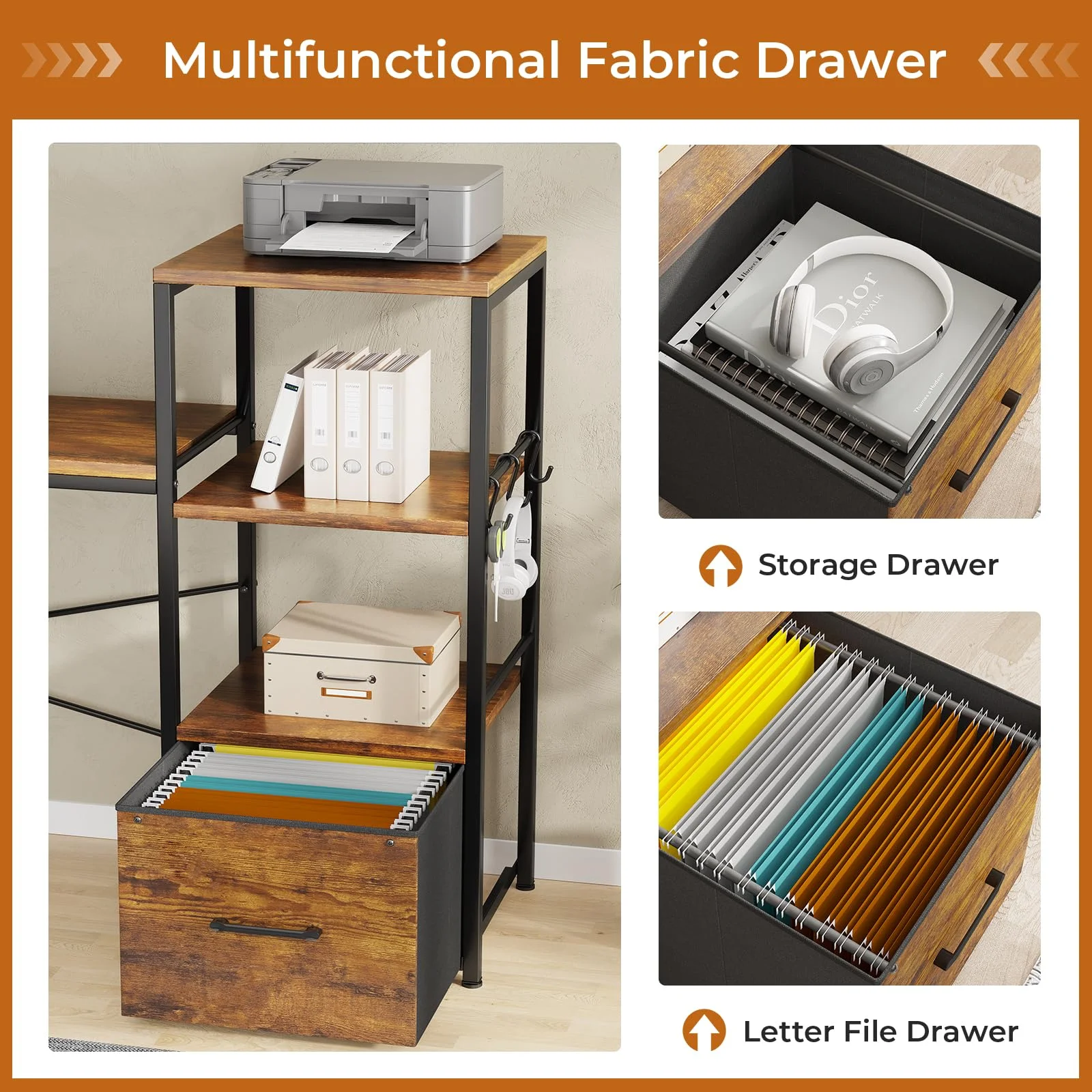 L Shaped Desk with Power Outlets and LED Lights, Reversible Computer Desk with Fabric File Drawer, Rustic Brown