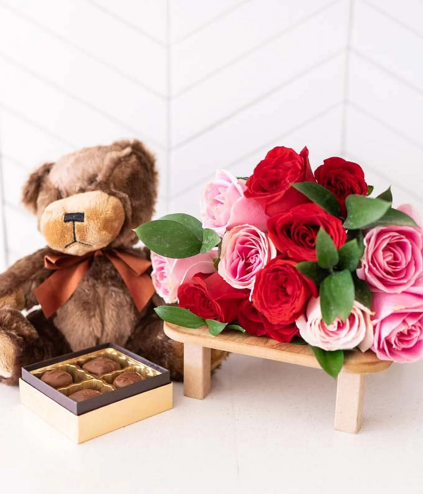 From You Flowers - One Dozen Red & Pink Roses with a Clear Glass Vase, Chocolates, & Teddy Bear (Fresh Flowers)