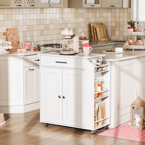 HOOBRO Kitchen Island with Power Outlet, Kitchen Storage Island with Spice Rack and Drawer, Rolling Kitchen on Wheels, for Home, Dining Room, Natural and White