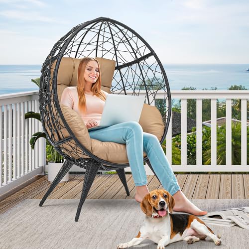 YITAHOME Large Wicker Egg Chair with Stand for Indoor and Outdoor, Cushion, and Adjustable Leveling Feet, Large Lounger for Garden, Patio, Balcony, Backyard,Supports up to 330lbs, Beige