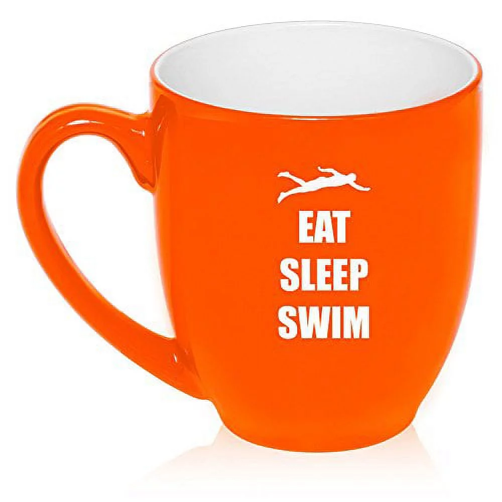 16 oz Large Bistro Mug Ceramic Coffee Tea Glass Cup Eat Sleep Swim (Orange)