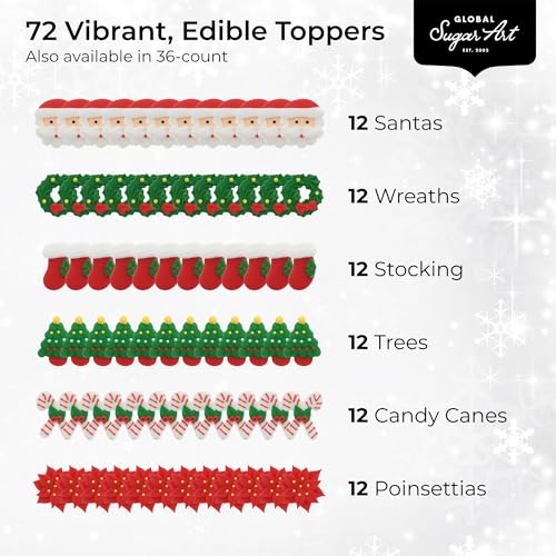 Christmas Cupcake Toppers, Holiday Cake Toppers, Royal Icing Decorations, Cupcake Decorations, Cake Toppers, Holiday, Edible, Cookies and Chocolates, by Global Sugar Art (Wreath Poinsettia, 36 Count)