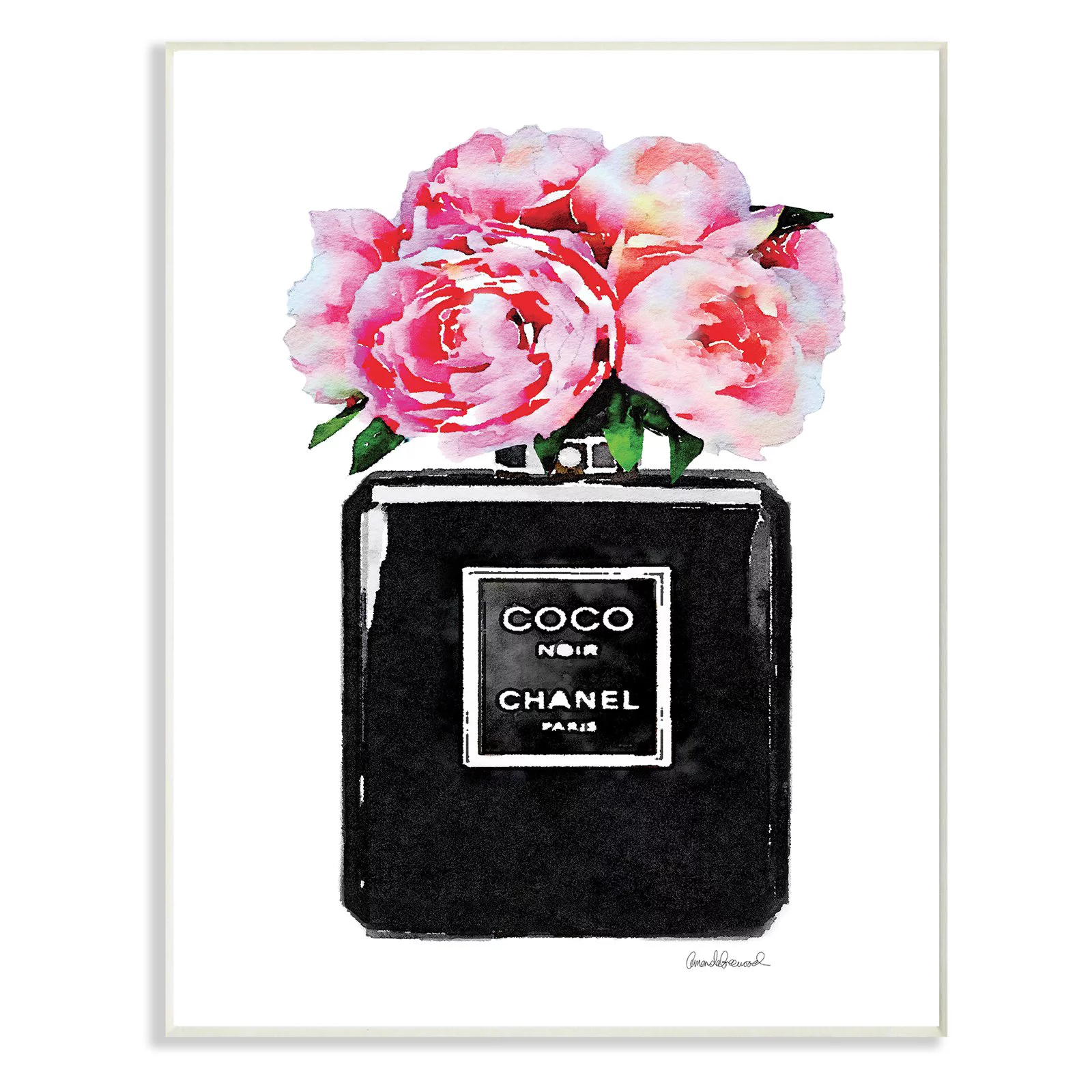 The Stupell Home Decor Collection Glam Perfume Bottle Flower Black Peony Pink Wall Plaque Art