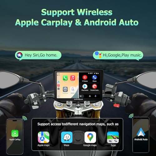 722 7-Inch Motorcycle GPS Navigation System with Apple CarPlay & Android Auto, Waterproof Touchscreen, Bluetooth, IP67 Waterproof for Motorbike, Support Siri & Google Assistant