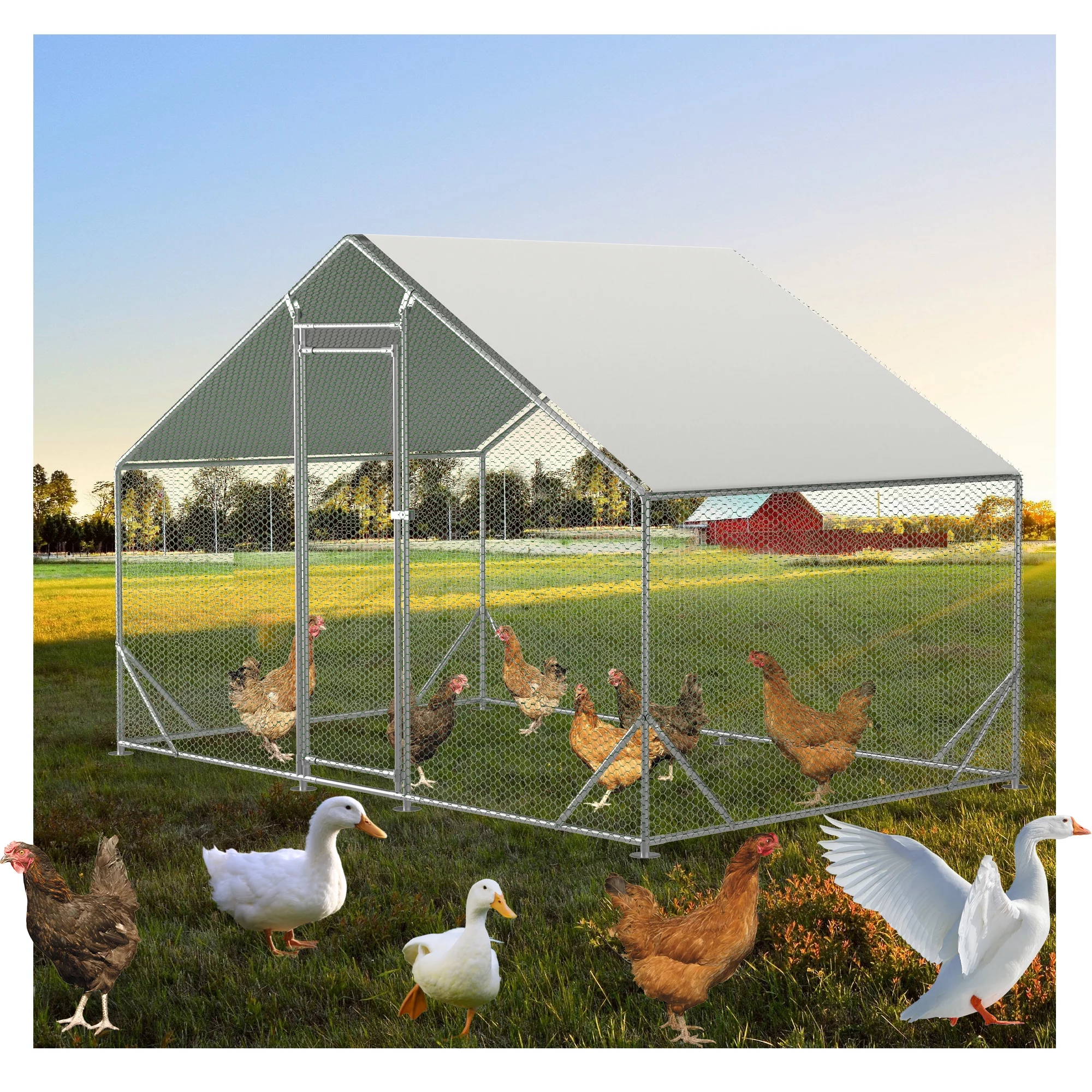 Large Metal Chicken Coop, Spire Shaped Coop with Waterproof and Anti-Ultraviolet Cover for Backyard Farm(10' L x 6.6' W x 6.56' H)