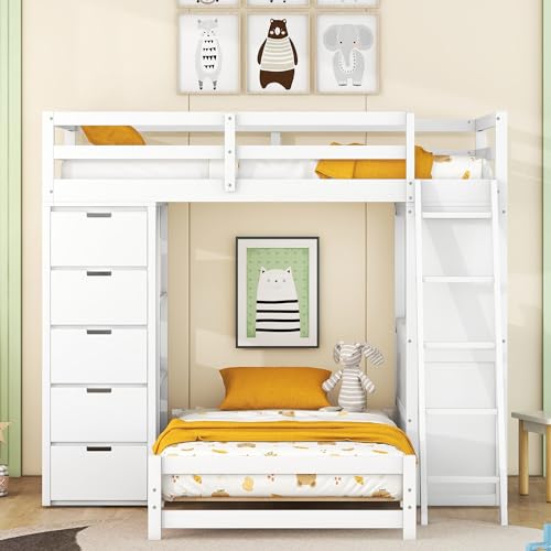 CITYLIGHT Full Over Twin Bunk Bed with Desk, Wood Full Size Loft Bed with Storage Shelves, Wardrobe & A Twin Platform Bed Frame for Kids Teens Adults, Gray