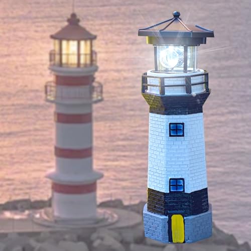 Black and White Solar Lighthouse, Rotating LED Lighthouse Decorative Lights, Courtyard Waterproof Landscape Lights, Outdoor Solar Lamp Resin Crafts As Gifts for Friends.