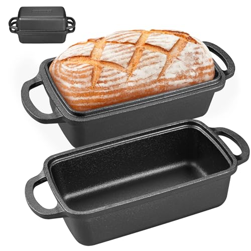 2 in 1 Cast Iron Bread Pan with Lid, Durable Loaf Pans for Baking Homemade Sourdough and Meatloaf, Bread Oven Cast Iron Cookware, Set of 2