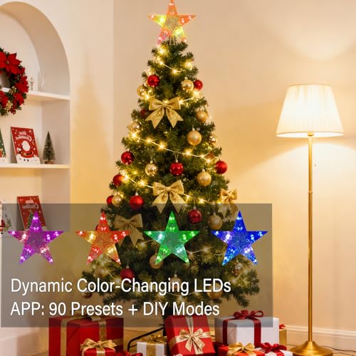 Smart Christmas Star Tree Topper, Color Changing Color, Remote & App Control, Timer, Christmas Decorations for Indoor Outdoor Holiday Xmas Tree Party Decor