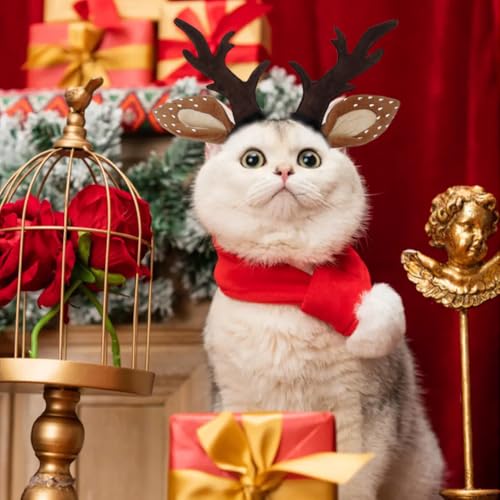 Dog Deer Costume Funny Dog Antlers Headband Christmas Puppy Cat Elk Outfit Adjustable Dog Head wear Accessories Pet Reindeer Costume for Cat Small Medium Dog (Brown, Small)