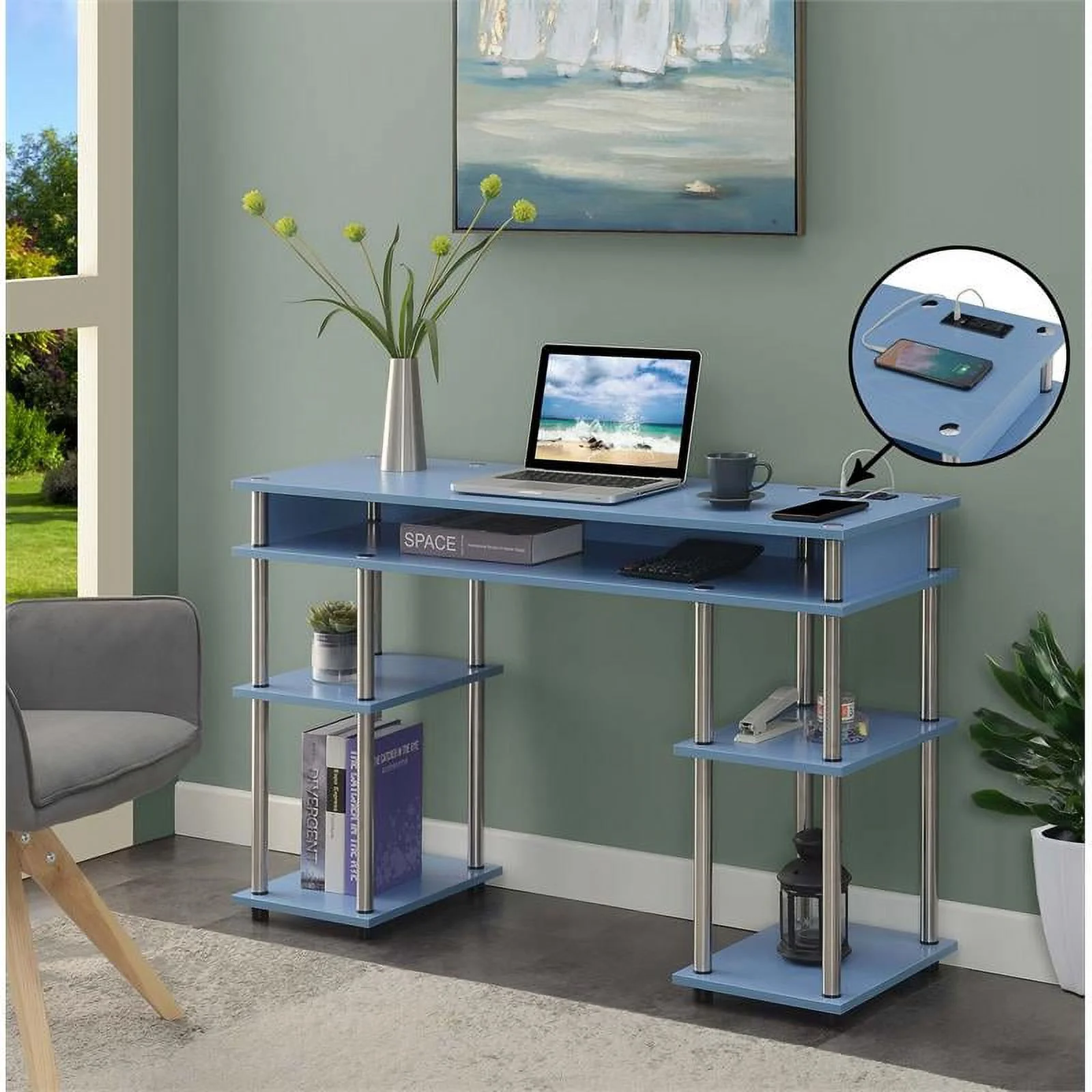 UrbanPro Contemporary Wood Student Desk with Charging Station in Baby Blue