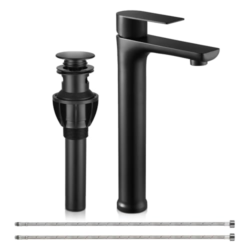 Matte Black Bathroom Vessel Faucet,Round Black Faucet for Vessel Sink,Black Stainless Steel Vessel Sink Faucets,Single Handle Lavatory Vanity Faucets with Drain & Water Hoses