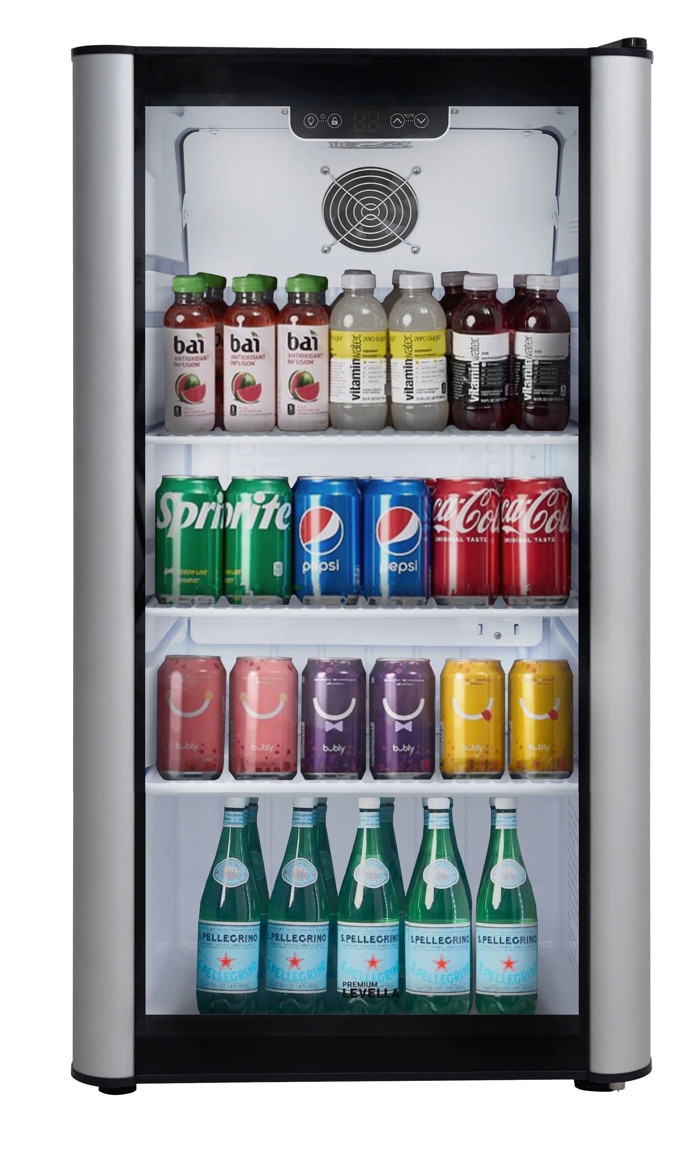 Premium Levella PRF36DX Glass Door Display Refrigerator 3.1 cu ft Commercial Beverage Cooler Merchandiser - Silver