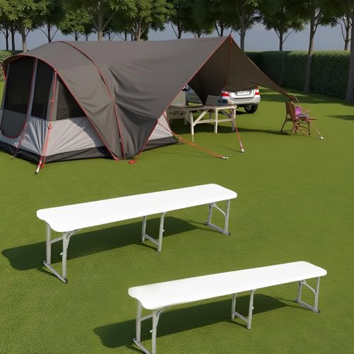 FurnitureR 6FT Folding Bench with Carry Handle, Plastic Rectangular Fold-in-Half Benches with Metal Legs, Indoor and Outdoor Picnic Party Camping Dining Seat, No Assembly Required, 2 Pack, White