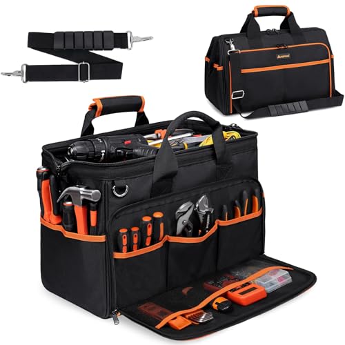 Heavy Duty Tool Bag 17.3-Inch, 26-Pocket Large Tool Bags for Men Women with Adjustable Shoulder Strap,Waterproof, Foldable Tool Bag Organizer for HVAC Electricians Mechanics Craftsman Contractor