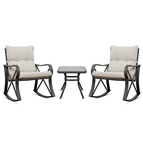COSIEST 3 Piece Bistro Set Patio Rocking Chairs Outdoor Furniture w Warm Gray Cushions, Glass-Top Table for Garden, Pool, Backyard