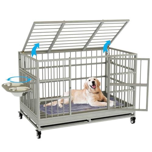 54 Inch Heavy Duty Dog Crate with Wheels，Indestructible Escape-Proof Dog Cage for Large Dogs, Extra Large XL XXL Indestructible Dog Crate with Removable Tray.
