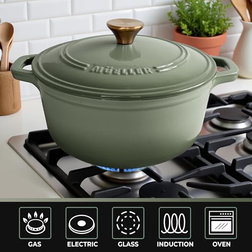 Mueller 6qt Enameled Cast Iron Dutch Oven, Heavy-Duty Casserole and Braiser Pan with Lid and Knob, Oven-Safe up to 500° F & Across All Cooktops, White
