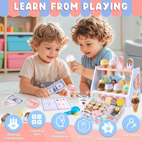 Ehome Wooden Ice Cream Toys Set Pretend Play Food Store for Kids Serve Ice Cream Counter Shop Kitchen Playset with Lucky Wheel, Scoop, Menu, Fake Money for Boys and Girls Ages 3 4 5 6 Birthday Gift