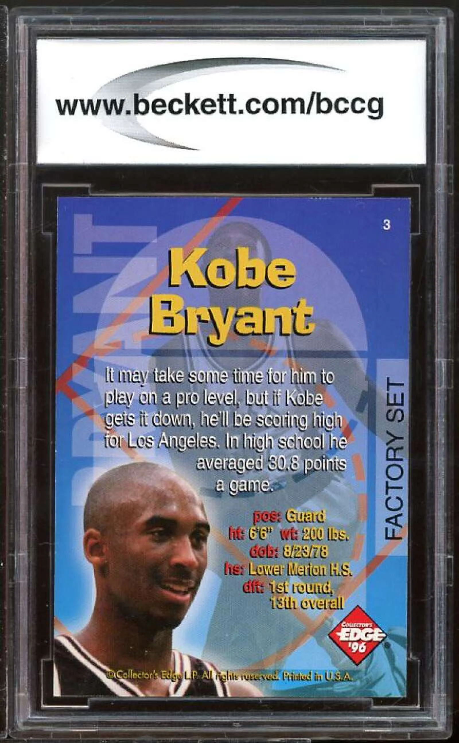 1996 Collectors Edge Rookie RR Recruits Factory Set #3 Kobe Bryant BGS BCCG 9 NM