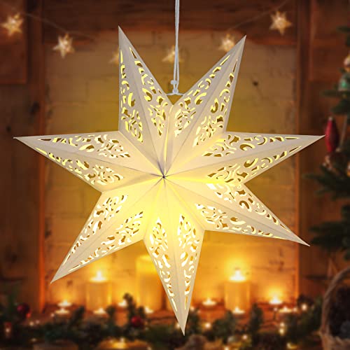 Kingdder Star Paper Lanterns Lampshade with LED Light 7 Pointed Moroccan Hollow out Stars Party Decoration for Weddings Christmas Tree Birthday, 20 Inches(Warm Yellow)
