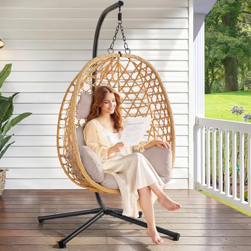 Egg Chair with Stand, Wicker Rattan Swing Hammock Chair with Fine Lace & Cushion, Hanging Chair with Double Chains, 350LBS Capacity for Outdoor & Indoor Patio, Porch, Bedroom, Balcony (Beige)