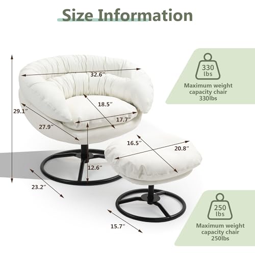 Swivel Accent Chair with Ottoman,Faux Leather Reading Chair with Footrest for Bedroom,Upholstered Modern Living Room Sofa Side Chair,White