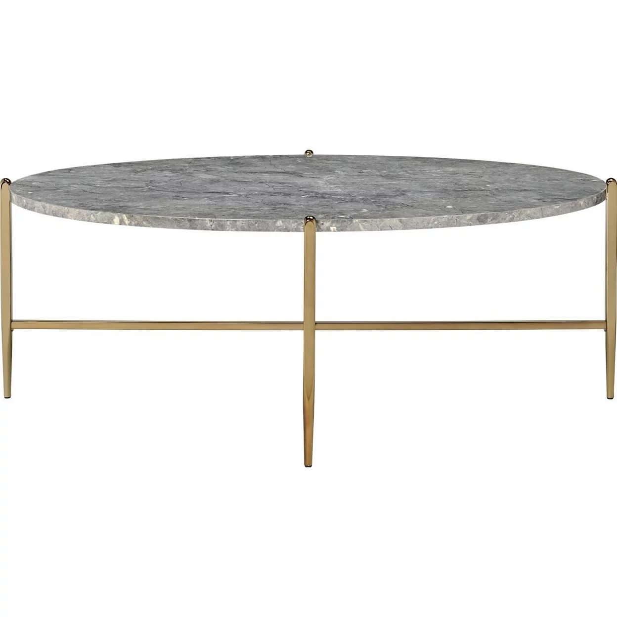 Coffee Table with Oval Marble Top and X Shaped Support, Gray and Gold- Saltoro Sherpi