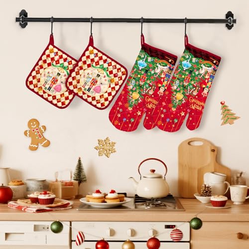 Christmas Santa Snowman Oven Mitts and Pot Holders Sets 4Pcs, 100% Cotton Heat Resistant, Extra Long Oven Gloves Potholder for Kitchen Cooking Baking Decoration