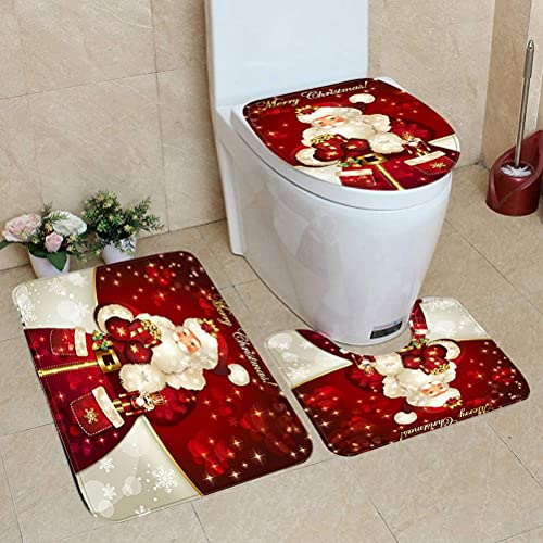 Christmas Bathroom Sets,3Pcs Christmas Santa Decoration Bathroom Decor Set with Toilet Seat Cover,U Shaped Toilet Rugs