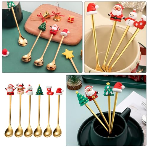 Upkoch Christmas Spoon Set, Christmas Coffee Spoons Teaspoon Stainless Steel Dessert Coffee Tea, Holiday Party Tableware, Figurine Design, Gold, 6 Pack with Red Box