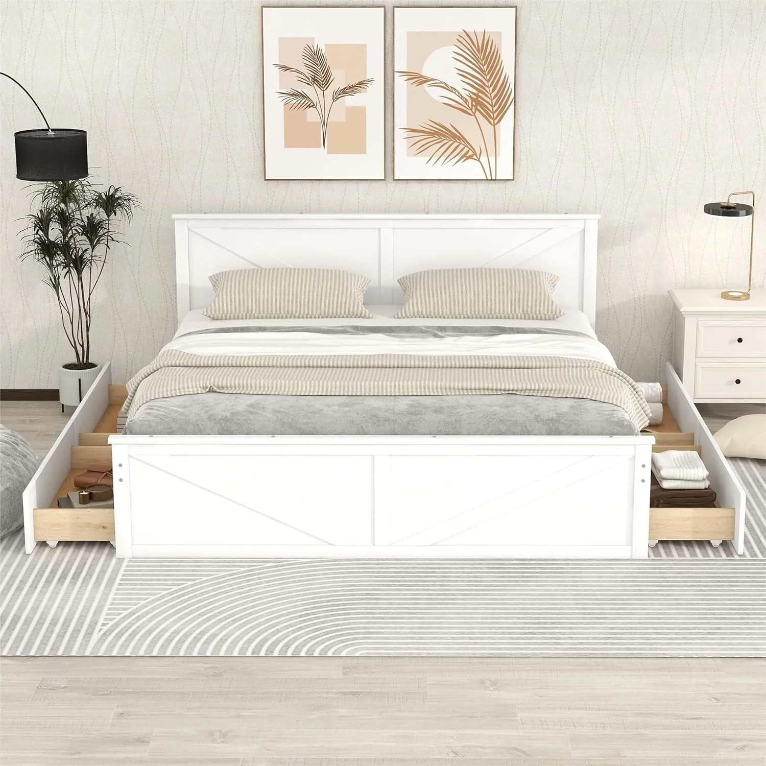Kig Size Platform Bed, Woode Platform Bed Frame With 4 Storage Drawers Ad Support Legs, o Box Sprig eeded, White