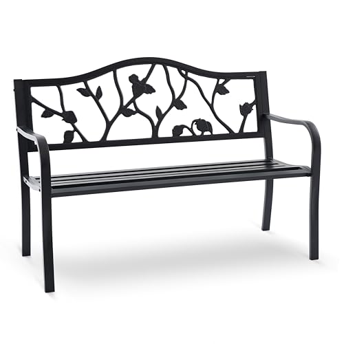 50” Outdoor Bench Garden Bench with American Flag Style, Sturdy Cast Iron Metal Frame Patio Park Bench for Porch Yard Lawn Deck Park