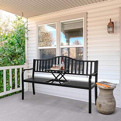 Yaheetech Outdoor Garden Bench w/Pullout Middle Table, Metal Patio Bench, Front Porch for Backyard, Weather-Resistant Frame, Patio Seating for 2-3 Person, Black